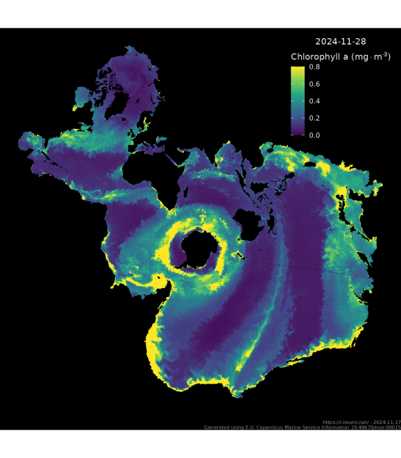 Map of Mass concentration of chlorophyll a in sea water