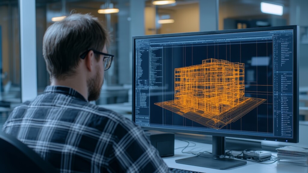 An engineer working at a computer building an architectural design.