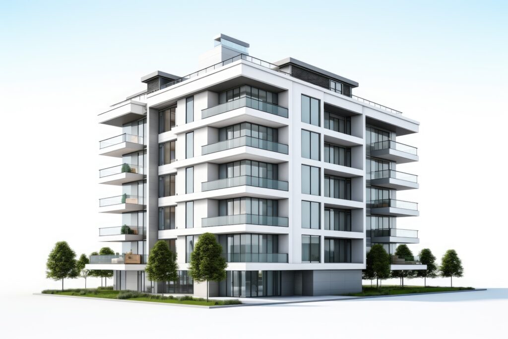 3D rendering of a luxury apartment or condo building, isolated on white background.