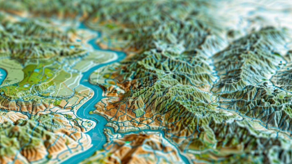 Detailed topographical relief map showing meandering river through mountainous terrain, with elevation changes depicted in vibrant greens and earth tones, captured in tilt-shift style