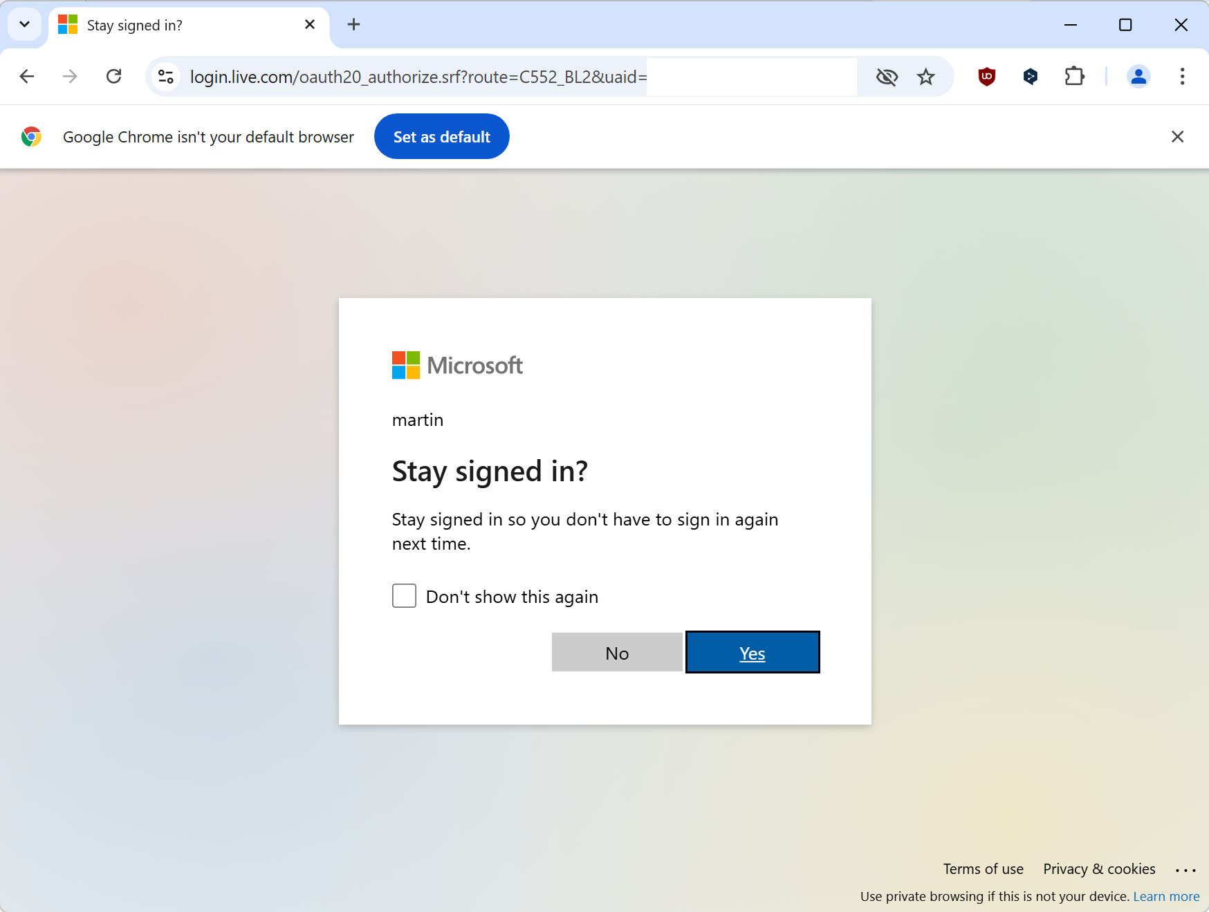 Microsoft Stay Signed In prompt