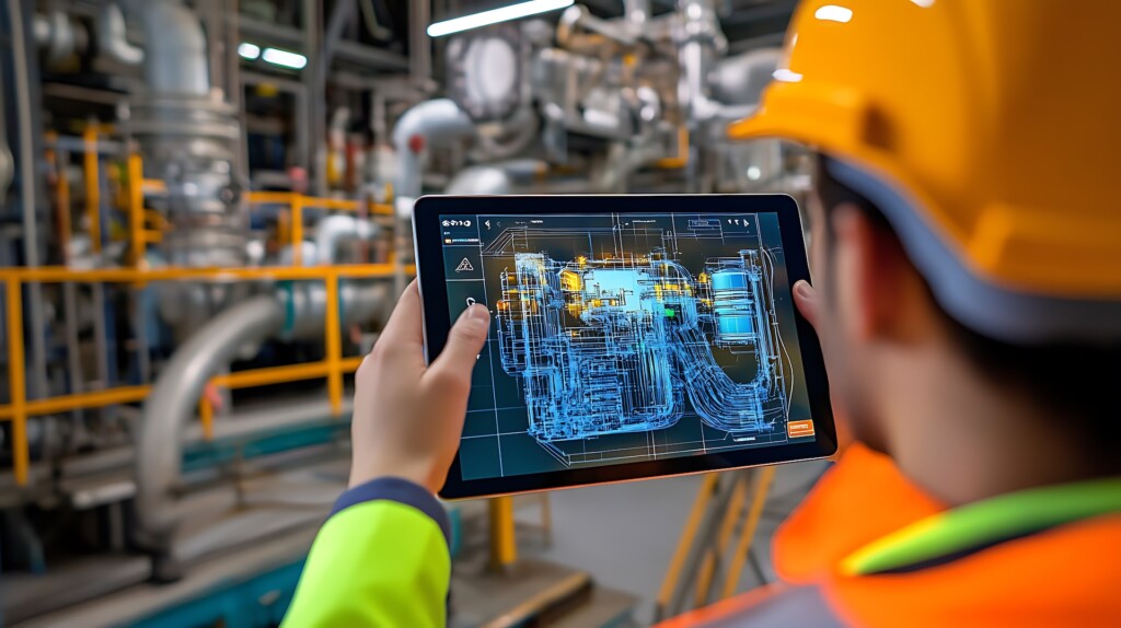 An engineer holding a tablet that shows a digital twin of the system in front of him.