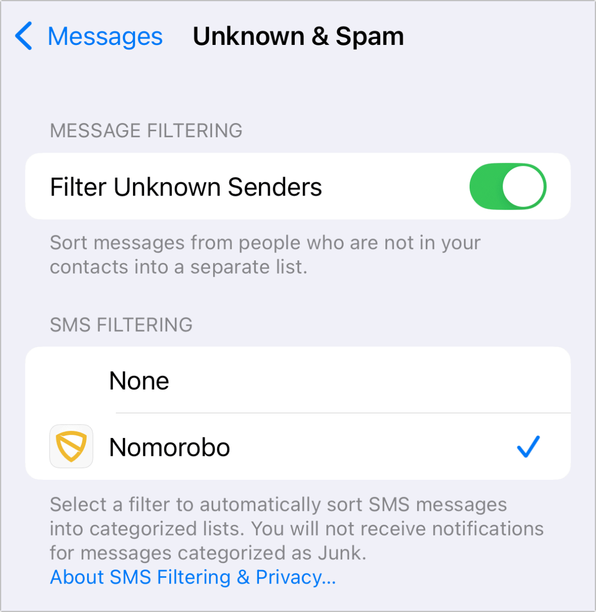 iOS filter unknown senders