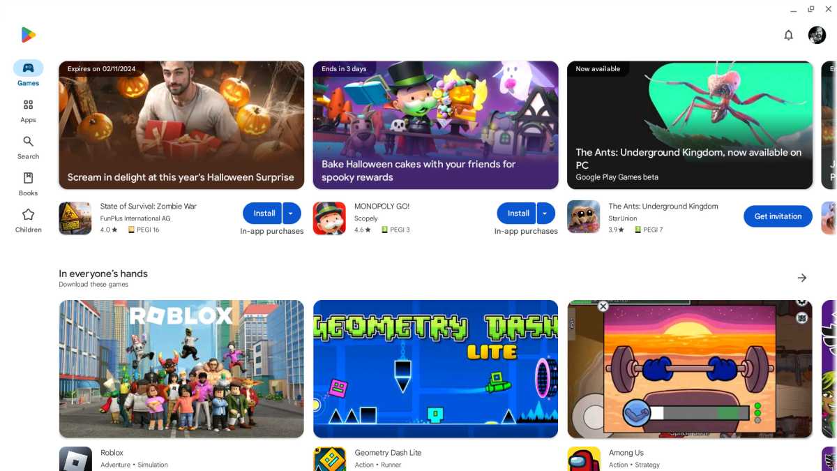 Android games and apps in ChromeOS store screenshot