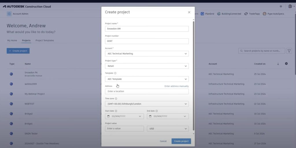 Creating a project template in Autodesk Construction Cloud 