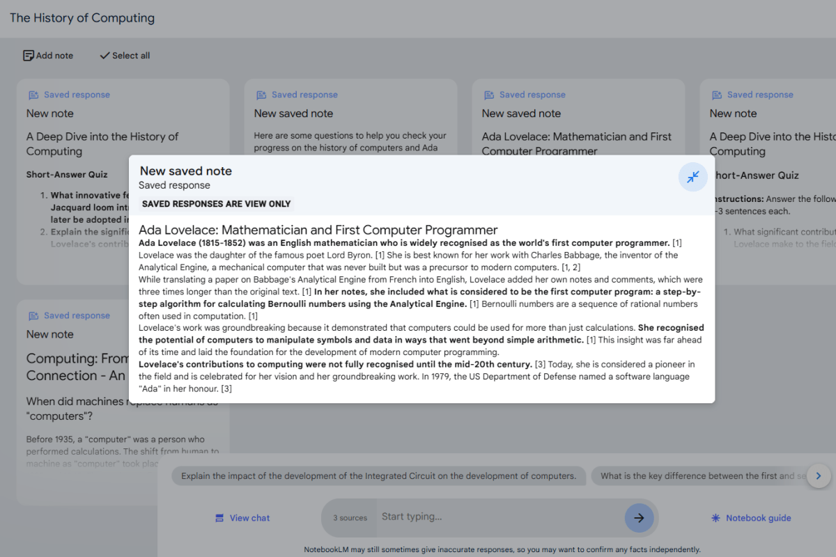 Ada Lovelace generated explanation in Google NotebookLM screenshot