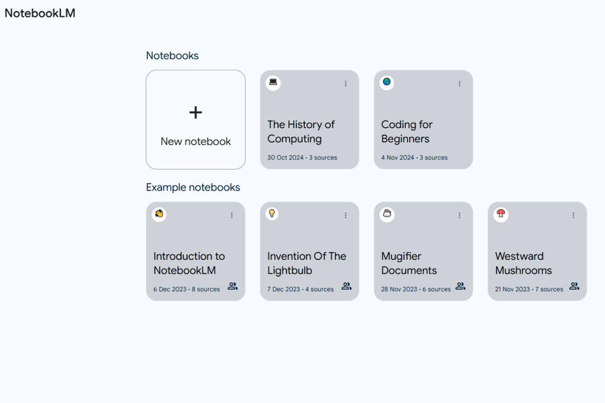 Multiple notebooks dashboard in Google NotebookLM screenshot