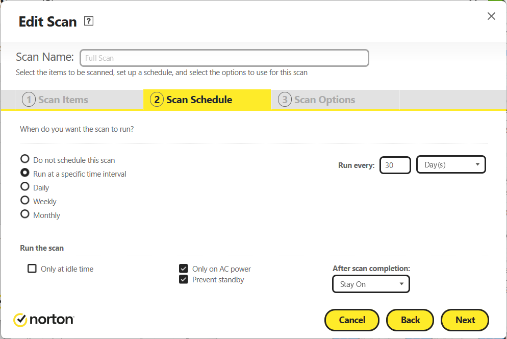 Norton 360 Deluxe Full Scan settings