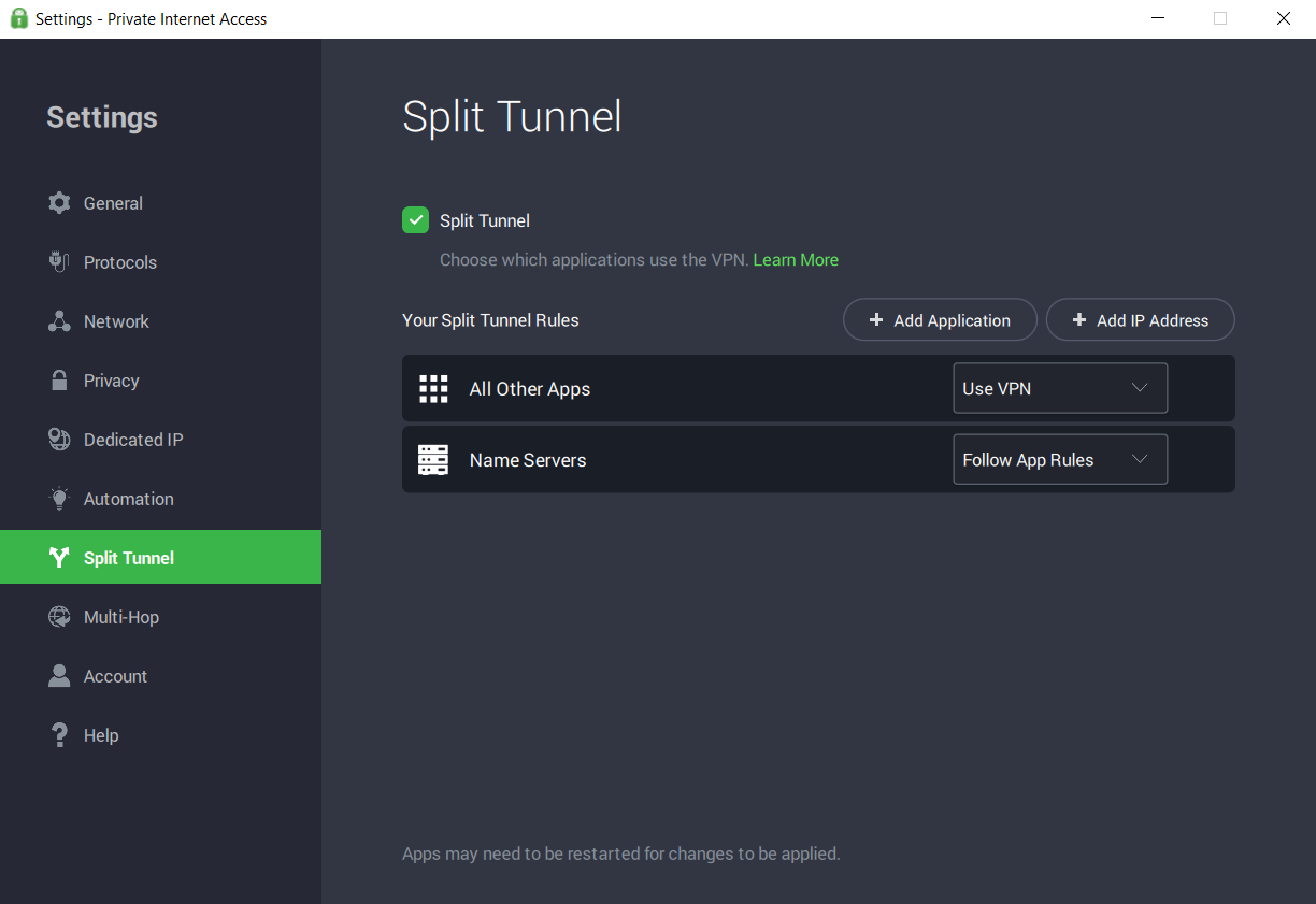 Private Internet Access – Best VPN for split-tunneling