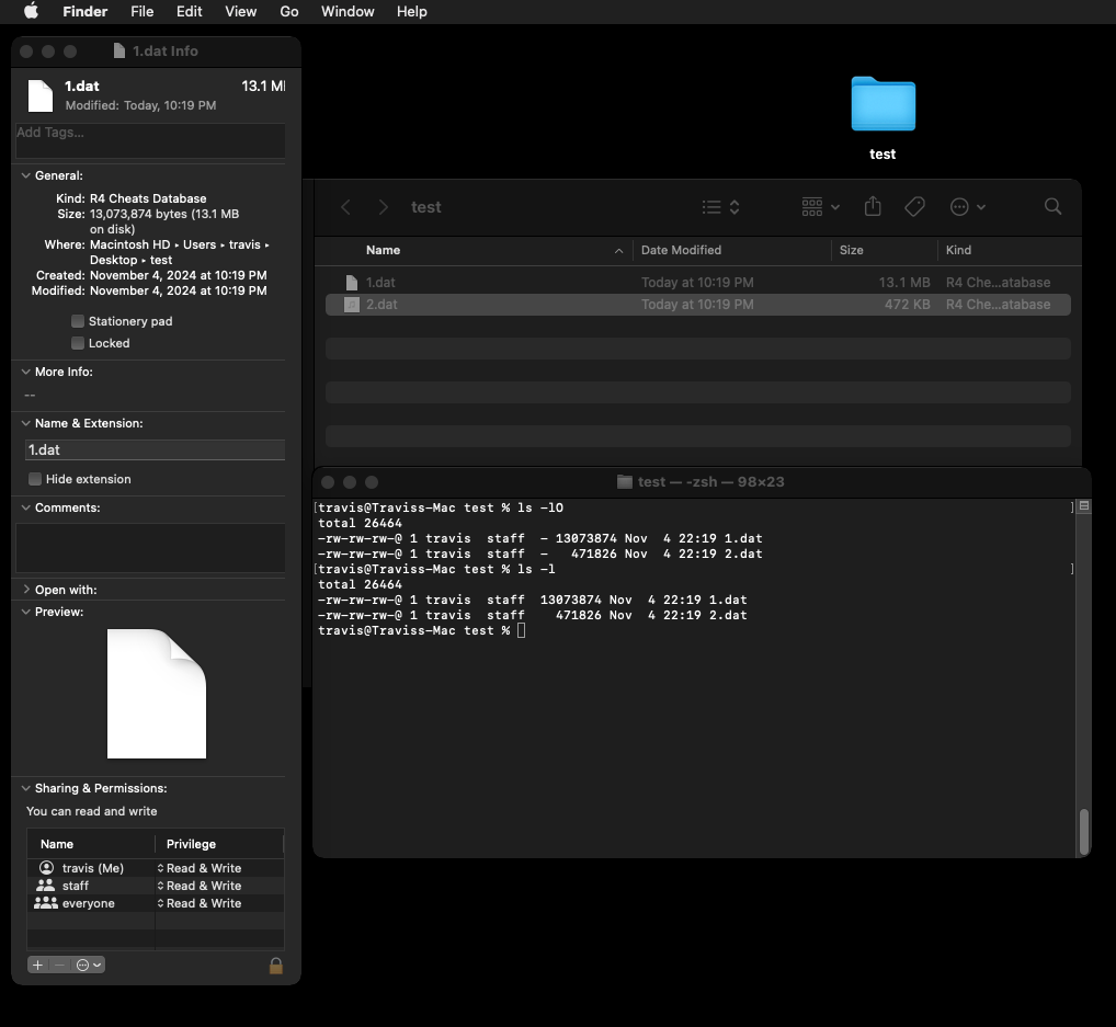 Two hidden files, shown in Finder and in Terminal via the ls -lO command