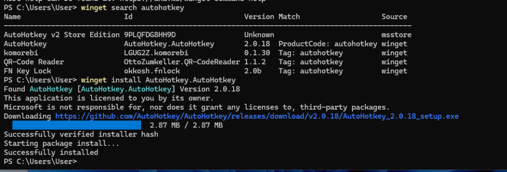Winget Autohotkey installation command