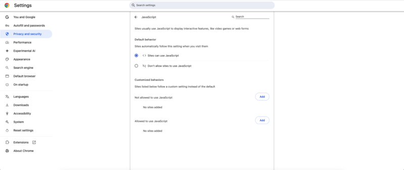 block javascript chrome settings