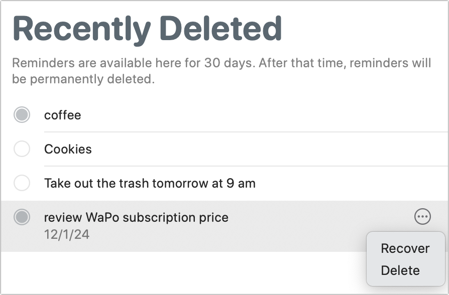 Recover deleted reminders in macOS