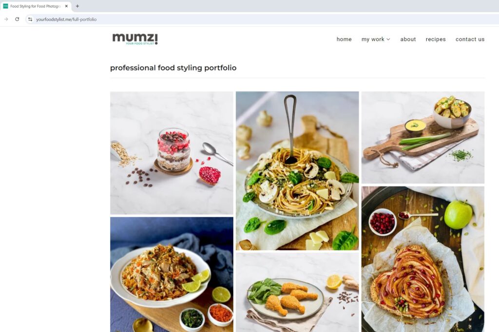 Screenshot der Portfolio-Website des Foodstylists Mumzi. Er nutzt eine .me-Domain, um sein persönliches Portfolio zu präsentieren.