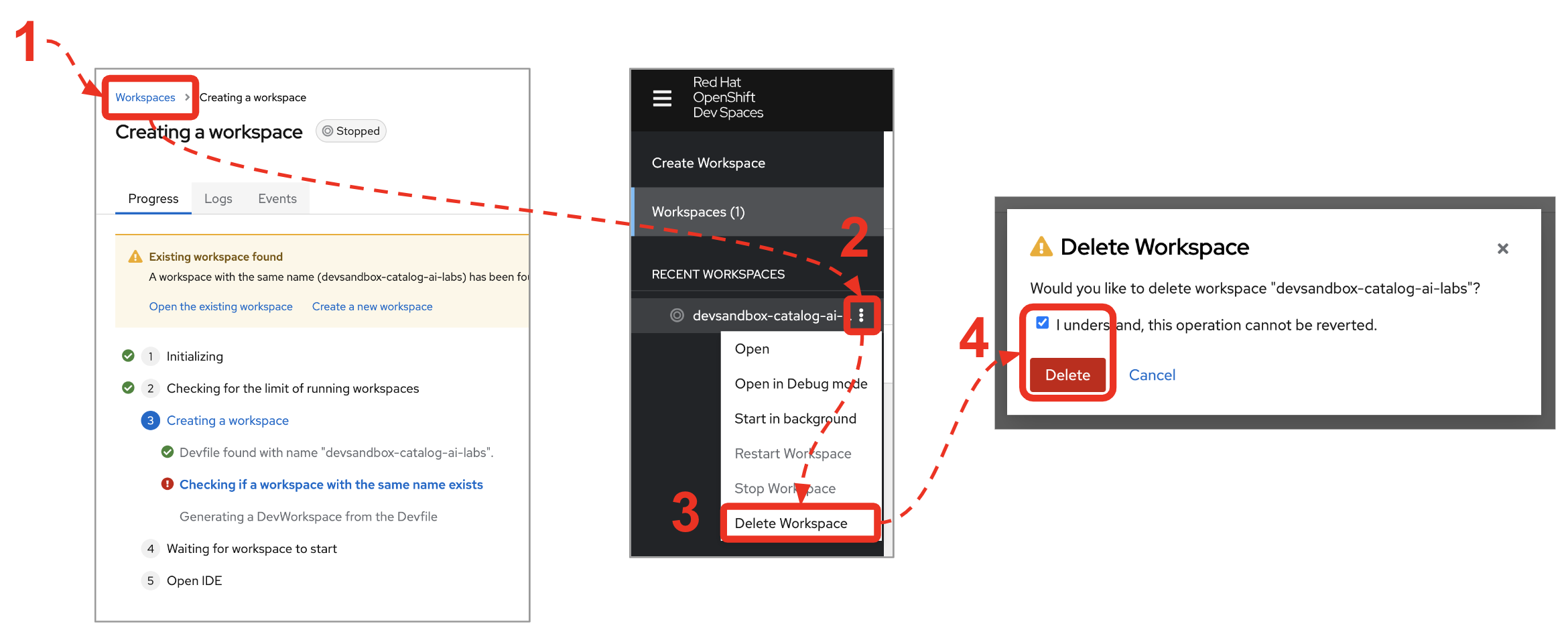 Mouse actions in VS Code to delete the failed workspace