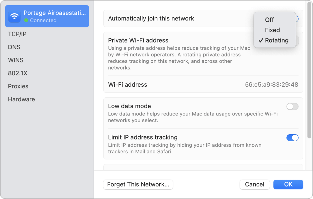 macOS private wifi settings