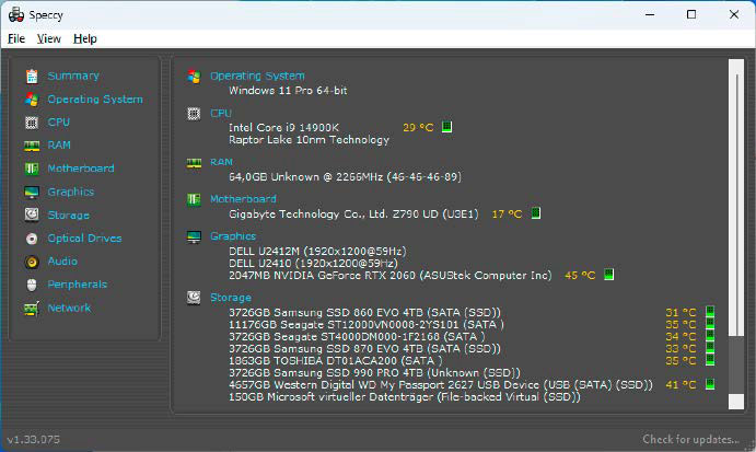 Speccy: Ermitteln Sie, welche Hardware im PC verbaut ist, und lassen Sie sich die Temperaturen von Motherboard, CPU, Grafikchip, Festplatten und SSDs anzeigen.