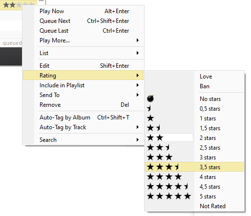 MusicBee rating context menu