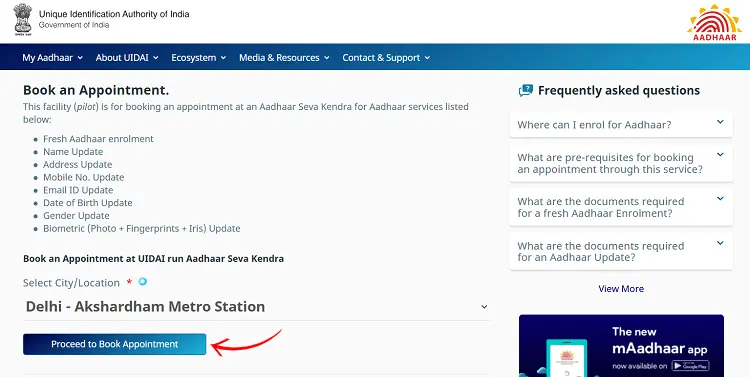 Proceed to book an appointment for Aadhaar update
