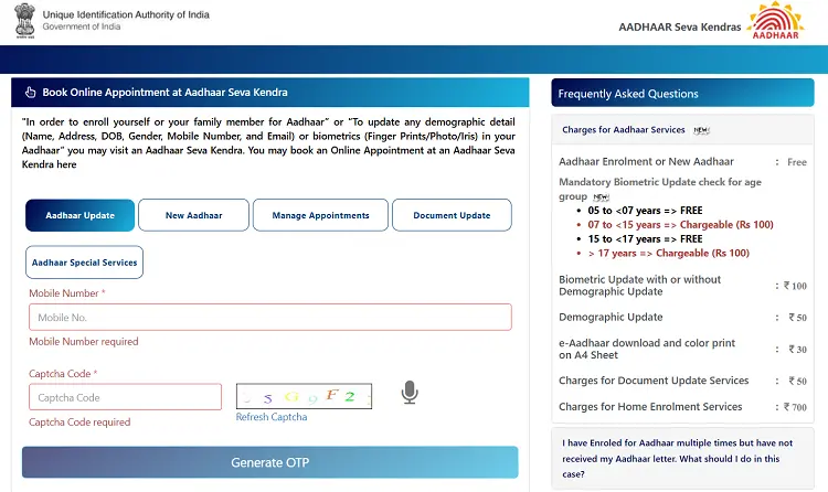 Book online Aadhaar appointment