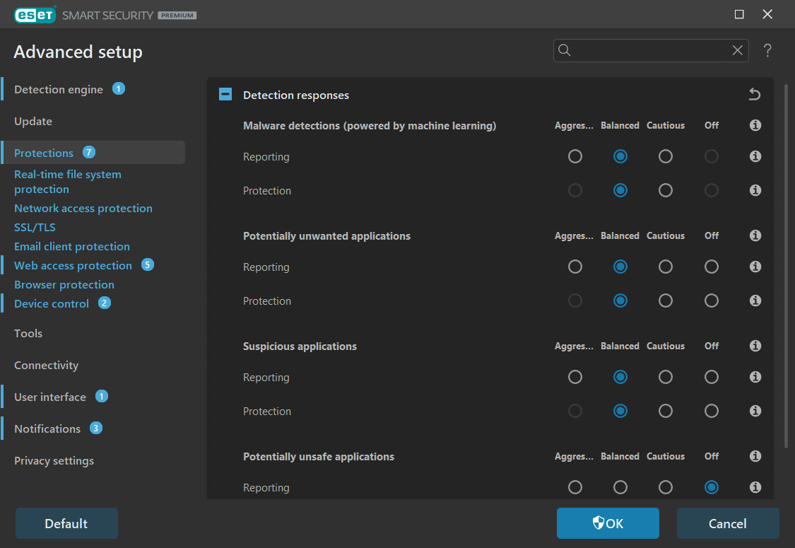 ESET Home Security Premium Advanced settings for protections (March 2024)