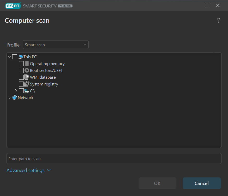 ESET Home Security Premium scheduled scan location settings (March 2024)