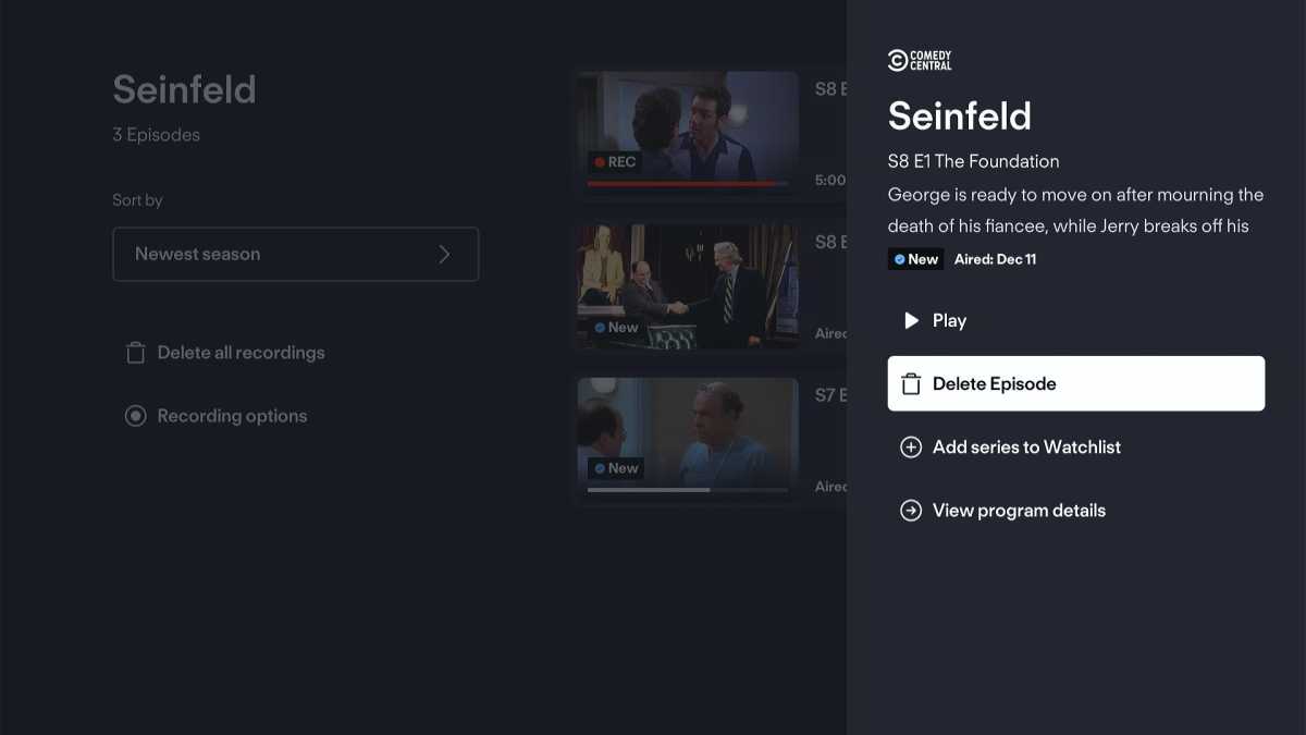 Fubo DVR page for Seinfeld with the option to delete a single episode