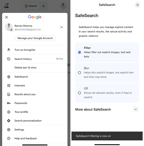 Turn on Safesearch in Google app