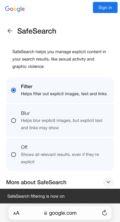 Google SafeSearch mobile browser