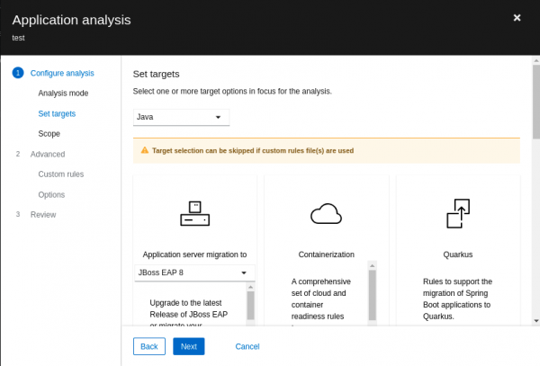 A view of the Application analysis page in MTA.