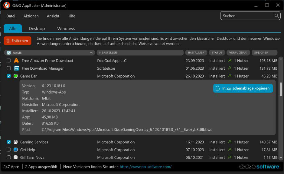 Der kostenlose Appbuster von O&O Software hat sich auf das Entfernen von Programmen und Apps spezialisiert. Dabei lassen sich auch Windows-eigene Apps sicher deinstallieren und auch wieder installieren.