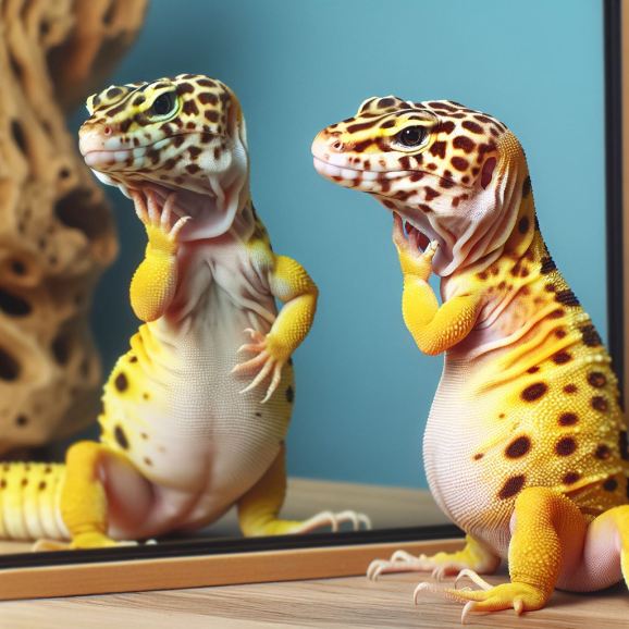 prompt: a yellow spotted lizard standing in front of the mirror, looking puzzled and scratching its chin