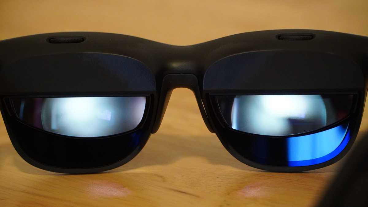 AR XR glasses with special prism optics and displays closeup