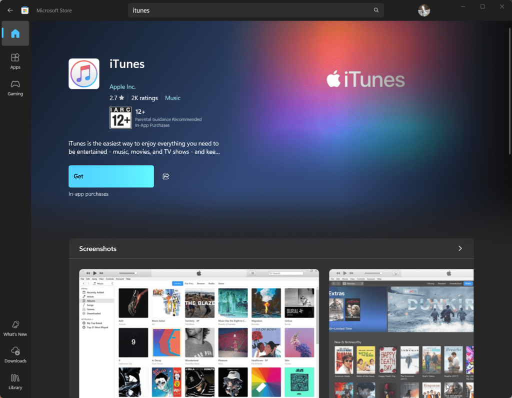 Installing iTunes Using the GUI (Graphical User Interface) on Windows 11