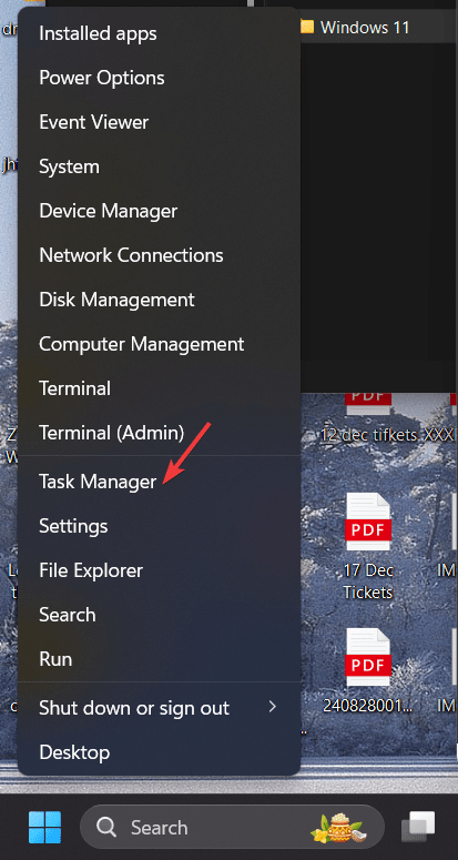 Opening Process Manager using the Power User Menu