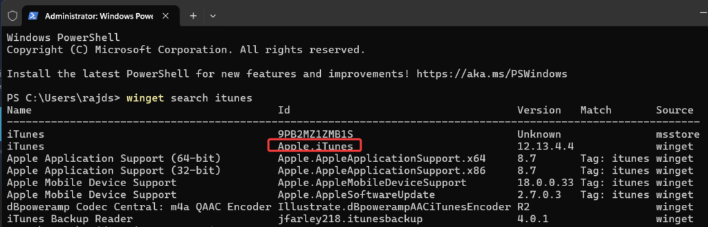 Search for iTunes using Winget