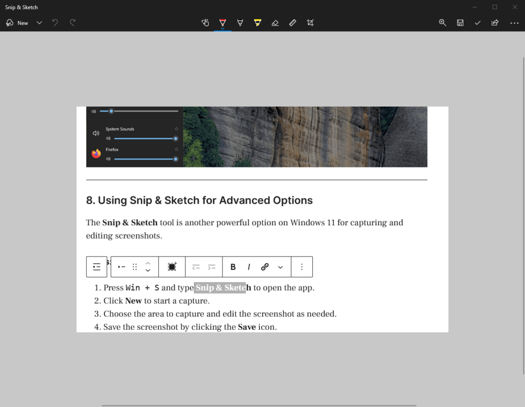 Snip & Sketch tool on windows 11