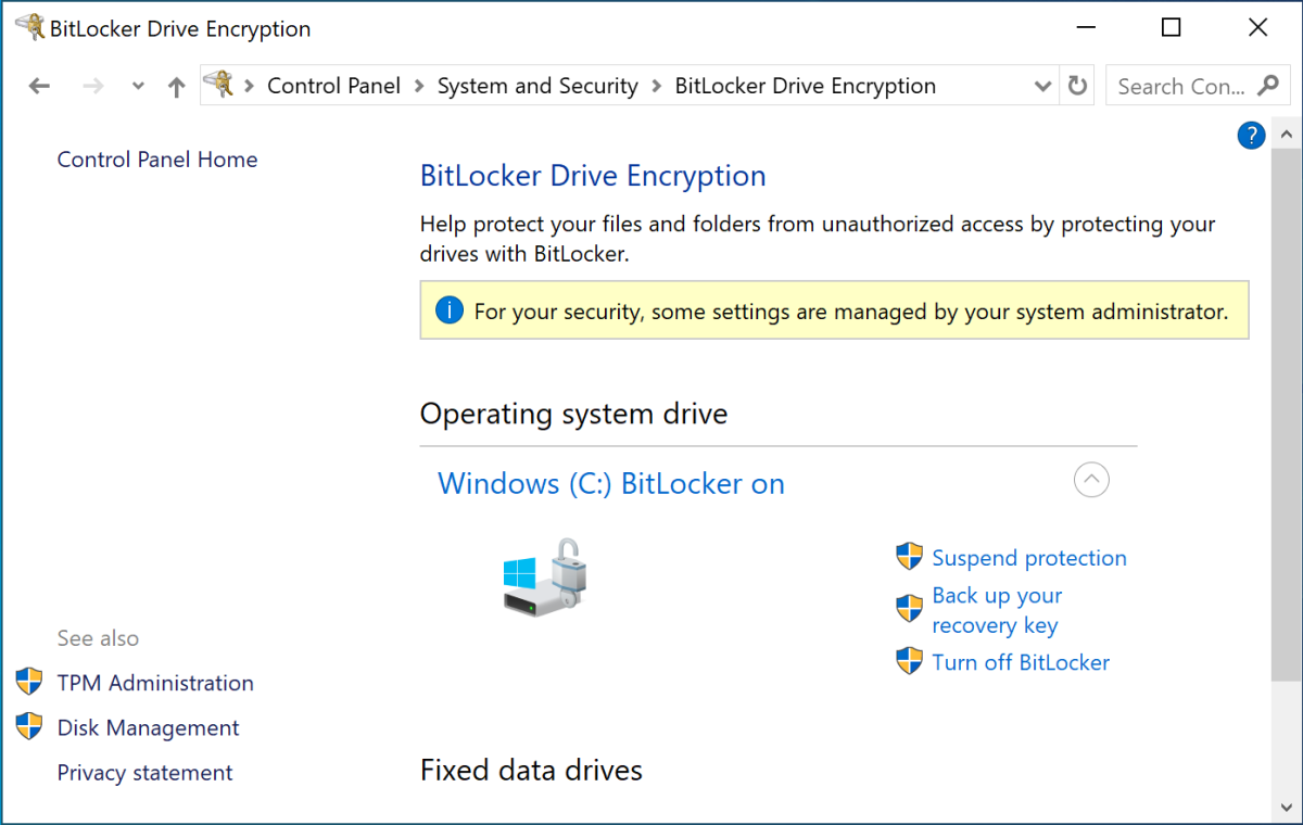 Windows 11 BitLocker settings in Control Panel screenshot