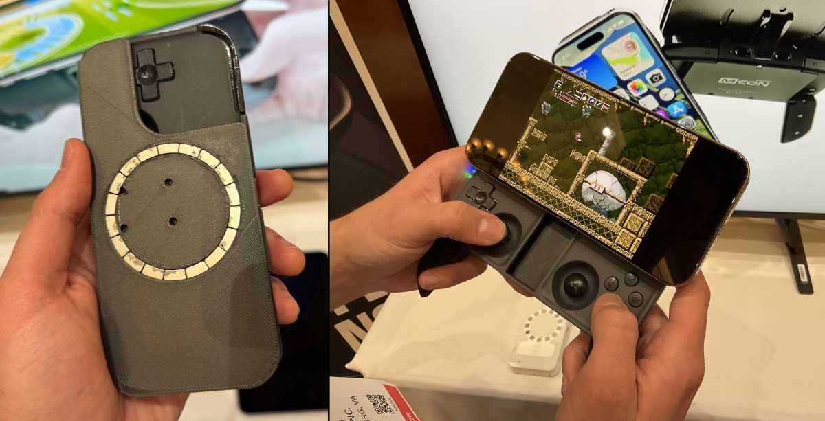 MCON mobile gaming controller closed, and opened with a phone snapped on.