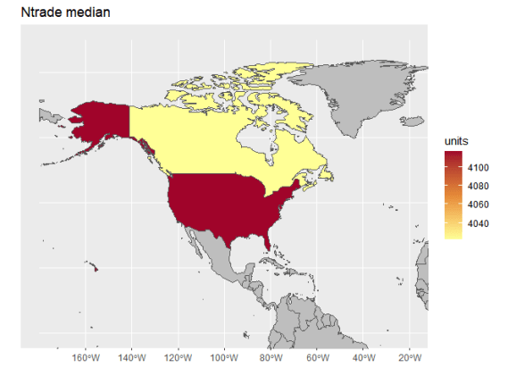 Map of North America showing median N trade by country