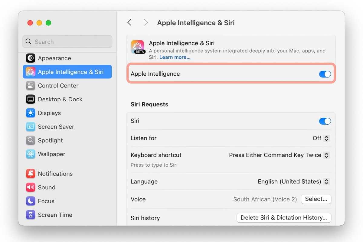 macOS Apple Intelligence setting