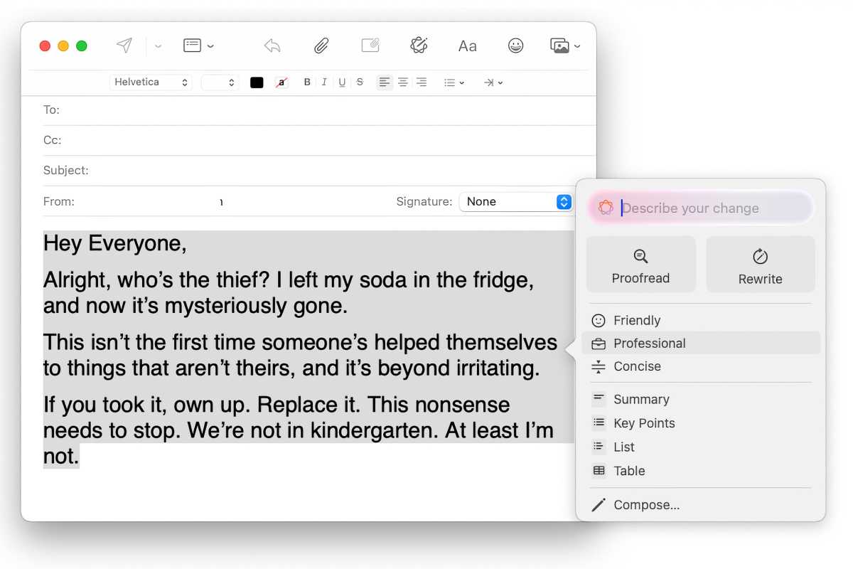 Mail writing tools macOS sequoia