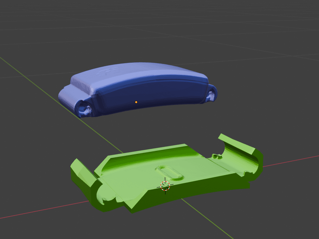 What's the best workflow/software to go from the blue scan below to a form that will fit snug to it (green at the bottom). I ended up cutting up a Cube in Blender & then boolean diff it from the scan - but it took hours. I want to keep the scan as a mesh - but just cut it out of a solid model.