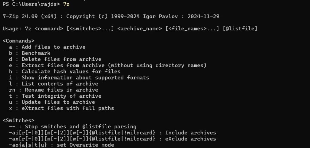 7 Zip in command prompt or Powershell