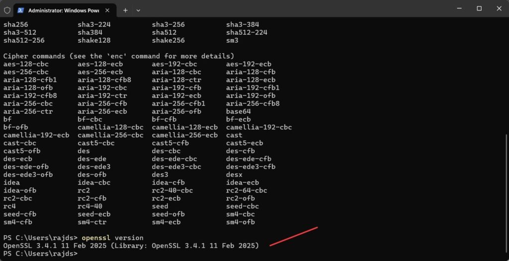 Check version of installed OpenSSL on Windows 11