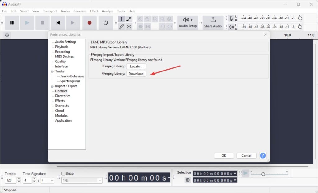 Download FFmpeg in Audacity