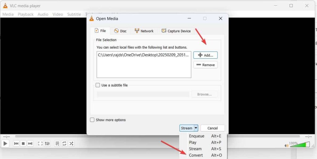 Select Video file to convert in VLC