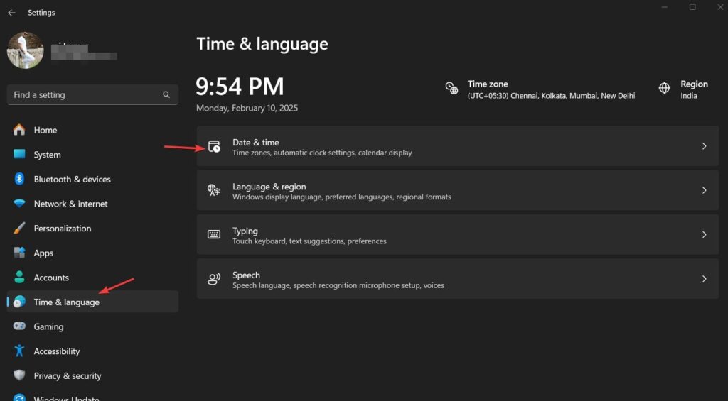 Time & language option on Windwos 11 or 10