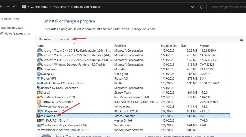Uninstall VuPlayer Using Control Panel