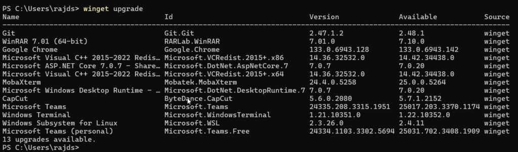 Winget command to list all applications with available update